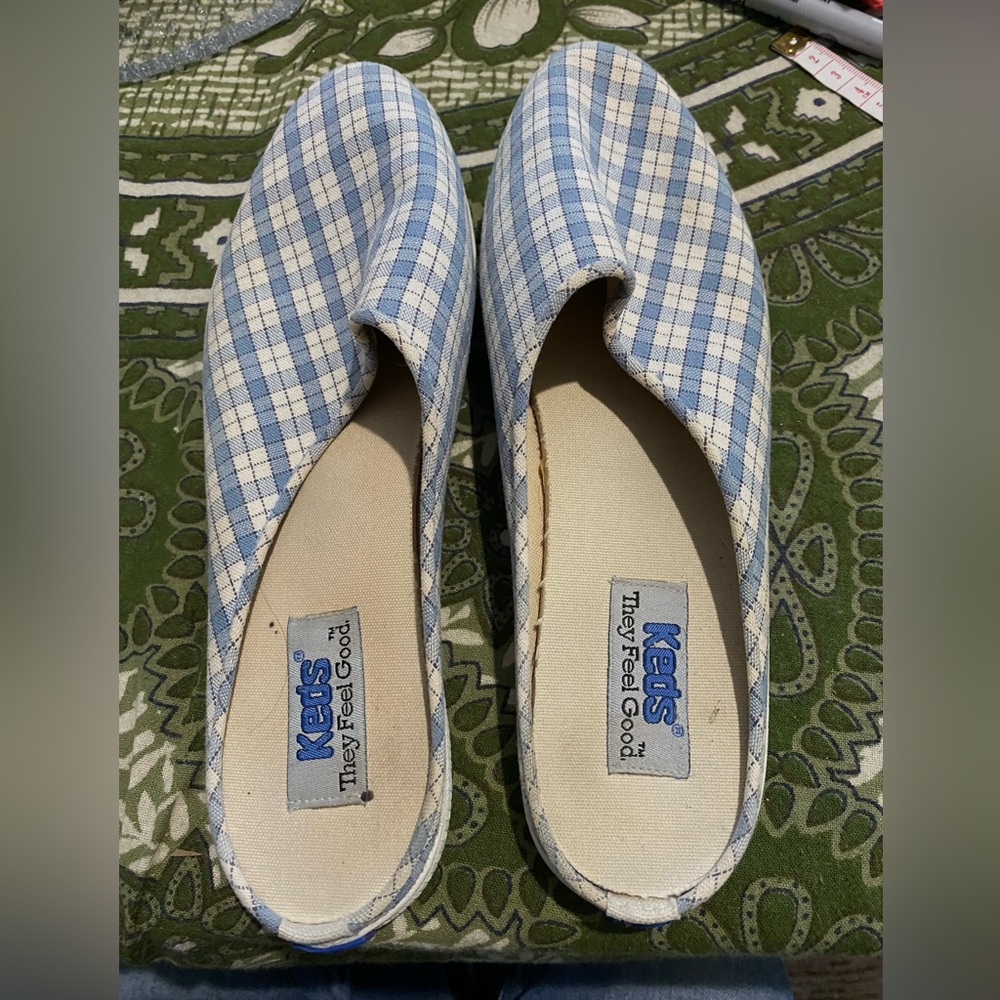 Vintage KEDS Plaid Blue&Off White Mules.  EUC, size 7.5.  Made in Indochina.